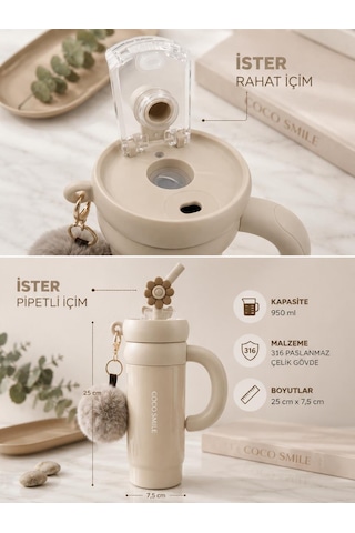 Cocosmile Cs-8826 Krem 950 Ml Çift İçim Paslanmaz Çelik Termos Mug