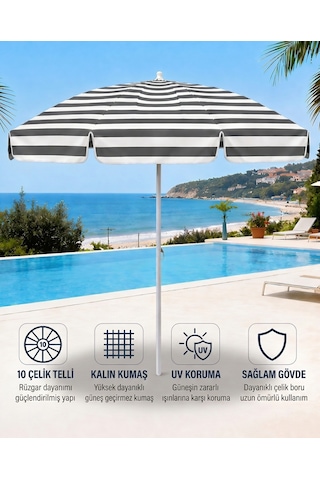 Plaj Şemsiyesi Balkon Bahçe Güneş Şemsiyesi 200cm 10 Telli Uv Korumalı Gri