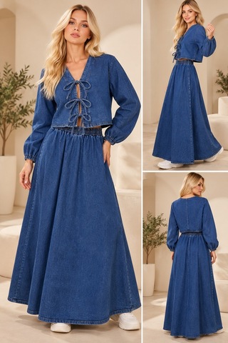 Bul-al Kadın Bağlama Detaylı Denim Crop Ve Uzun Etek İkili Takım Lacivert