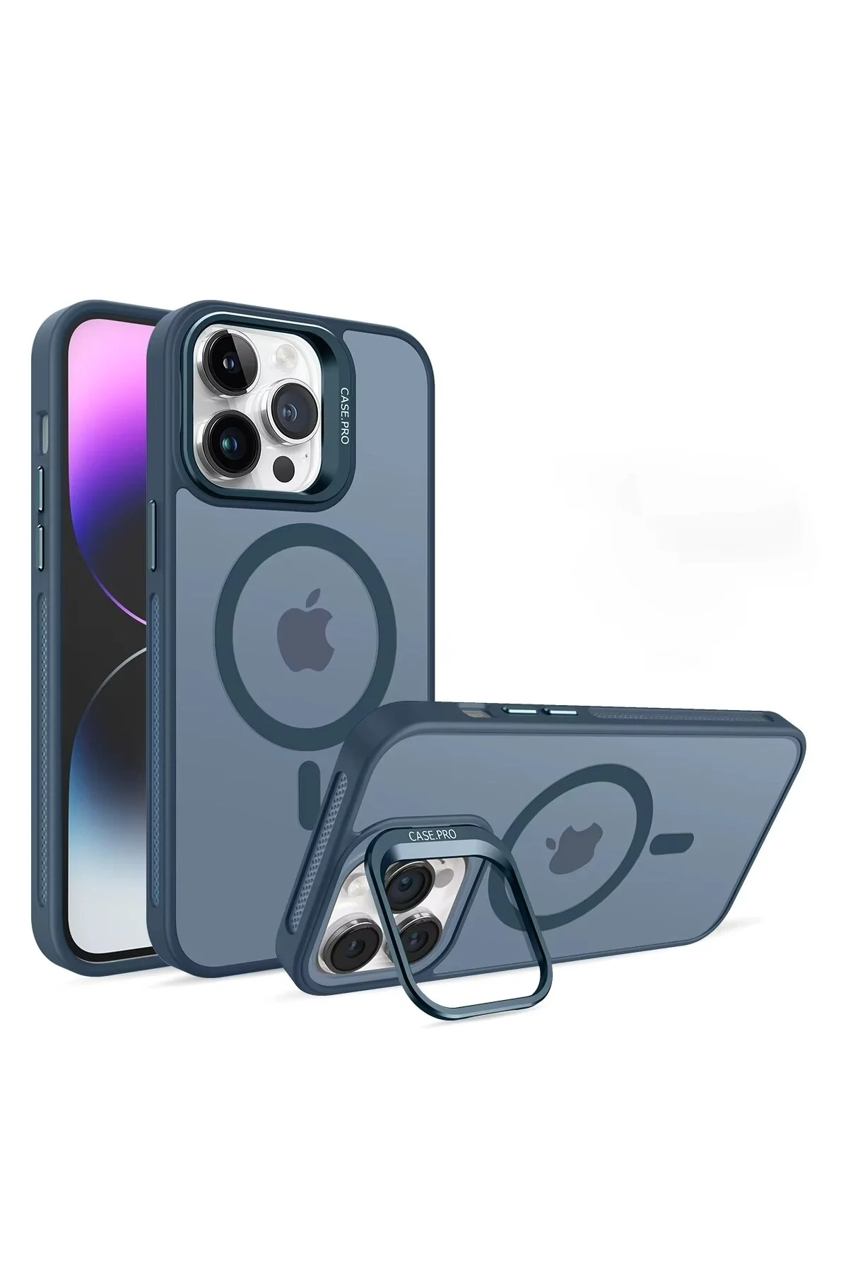 İphone 15 Pro Uyumlu Magsafe Kılıf Mıknatıslı Standlı Darbeye Dayanıklı Mat Şeffaf Arka Kapak Lens li Lacivert