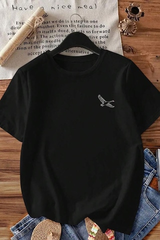 Spoyi Red Heritage Bird Tasarımlı %100 Pamuk Yarım Oversize Siyah T-shirt