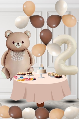 2 Yaş Retro Folyo Karamel Ayıcık Kahverengi Ten Kum Beji Balon Krem Rakam Doğum Günü Süsleme Kahverengi