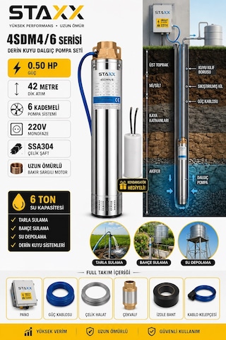 Staxx 4sdm4/6220 Derin Kuyu Dalgıç Pompa Seti 0.50hp 42 Metre Full Bahçe Tarla Sulama Kalem Dalgıç