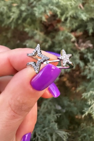 Çift Yıldız Ayarlanabilir Gümüş Renk Yüzük - Zirkontaşlı Silver