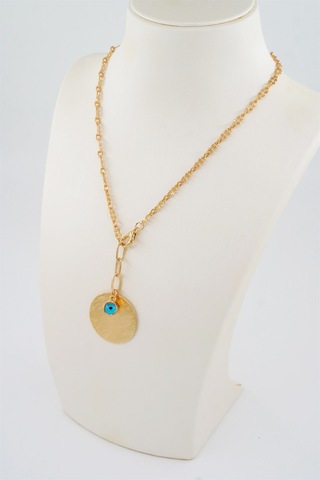 Kadın Özel Tasarım Nazar Boncuklu ve Yuvarlak Plakalı Kolye - ALTIN Gold