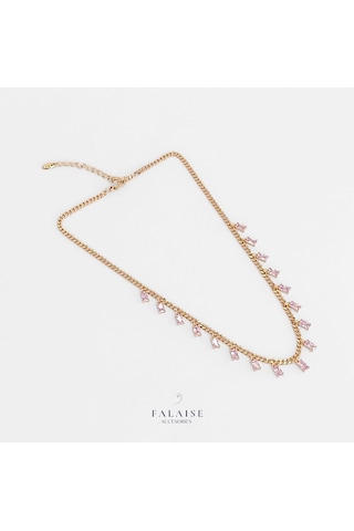 Pembe Baget Taşlı Zincir Kolye 45cm Altın - Pembe