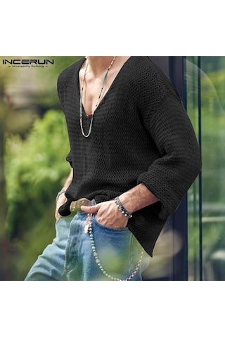 Bej İncerun Bahar Erkek Uzun Kollu Salaş V Yaka Üstler Bej