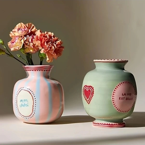 Trendooze Pembe Kalp Çiçek Seramik Vazo - El Yapımı Ev Dekorasyon