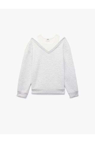 Koton Katmanlı V Yaka Uzun Kollu Pamuklu Şardonlu Sweatshirt Gri Melanj 7wkg10051ak