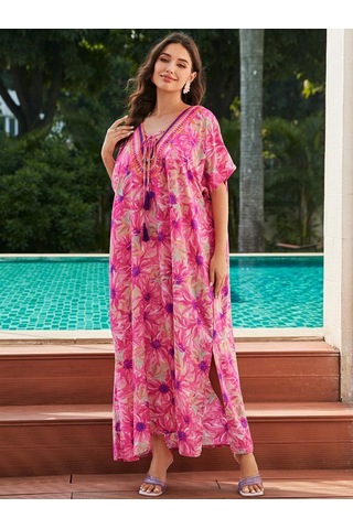 Edolynsa Artı Boyutu Kaftan Pembe Bohemian Baskılı Yaz Uzun Plaj Elbise Kadın Gecelik Kıyafet Mayo Cover Up Gevşek Kaftan Pembe