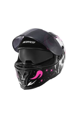 Scoyco Double Vizörlü Full Face Motosiklet Kaskı Siyah Pembe