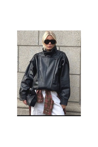 August Viral Oversize Kadın Deri Ceket Yüksek Yaka Siyah Urban Style Kadın Deri Ceket Siyah&black Siyah&Black