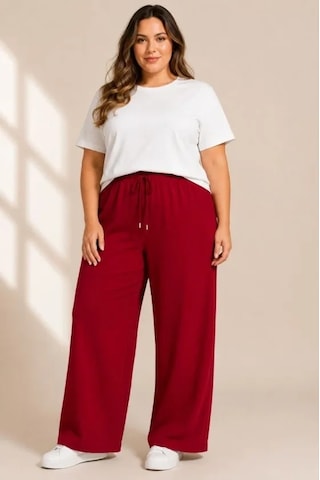 DefyModa Battal Beden Bürümcük Kumaş Beli Lastikli Bağcıklı Bol Paça Palazzo Pantolon - Bordo