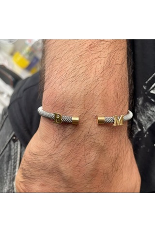Simurg Jewellery 14 Ayar Altın Harfli Beyaz Çelik Bileklik Sarı - Beyaz