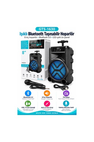 Gts-1630 8 İnç Bluetooth 5.0 Rgb Led Işıklı Taşınabilir Fm Radyo Usb Tf Kart Aux Kablolu Mikrofonlu