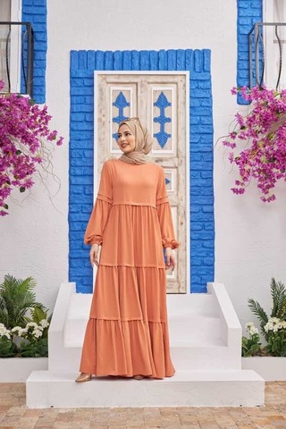 6510-linda Büzgülü Elbise Somon Somon