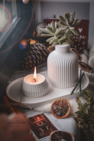 Beyaz Renk 3 Parça Tealight Vazo Tepsi Seti 001