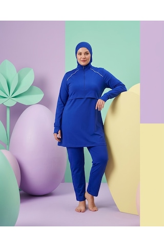 Pierre Cardin Büyük Beden Dik Yaka Yarım Fermuarlı Midi El Dar Paça Likralı Çift Boneli Tesettür Mayo Saks