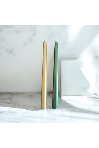 Denic 2 li Metalik Yeşil ve Gold Şamdan Mum Konik Mum