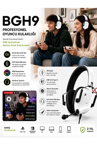 Rgb Işıklı Oyuncu Kulaklığı Sanal 7.1 Çevresel Ses Gürültü Önleyici Kulak Üstü Headset