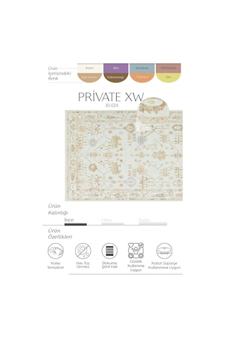 Cool Halı Private Xw Krem Açık Kahve Rengi Vintage Halı Pers Desenli Şönil Salon Oturma Odası Halısı