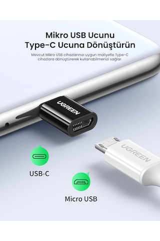 Ugreen Micro Usb To Type-c Dönüştürücü Adaptörü, Siyah, 30391