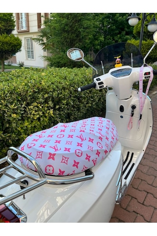 Beyaz Pembe Desenli Penye Motosiklet Kılıfı - 50cc Ve 125cc Motor Uyumlu