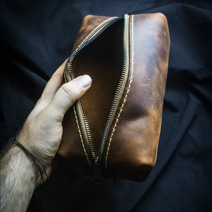 El Yapımı Hakiki Deri Dopp Kit Crazy Deri, Fermuarlı Seyahat Çantası