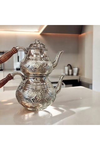 Bakır Çaydanlık & Bakır Demlik Çiçek Desenli Bakır Çaydanlık Büy Gümüş