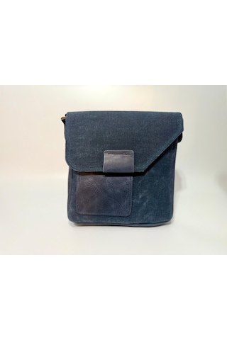 Natderi Hakiki Deri Ve Kanvas Omuz Çantası 20x21 Cm Ayarlanabilir Askılı, Ön Cepli Unisex Günlük Çanta Lacivert