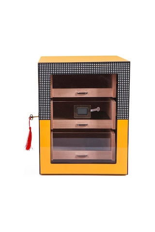 Cohiba Sarı Cohiba Desenli 4 Çekmeceli Sedir Humidor Puro Kutusu