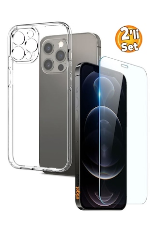 Apple Uyumlu iPhone 12 Pro Max Şeffaf Kılıf + Cam Ekran Koruyucu Seti
