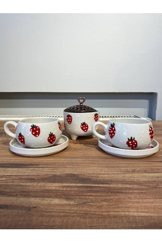 Çilek Desenli El Yapımı Seramik Fincan, Kupa Seti Ve Şekerlik
