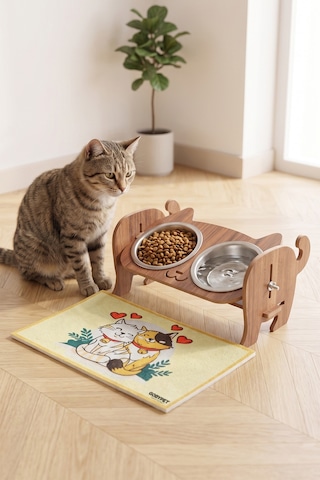 Ahşap Kedi Mama Seramik Su Kabı Standı,kedili Mama Kabı, Hediye Kedi Halısı