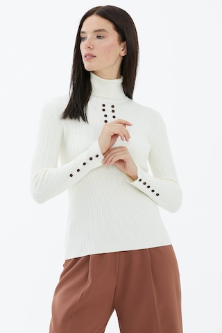 Tam Balıkçı Yaka Düğmeli Triko Kazak - Kemik