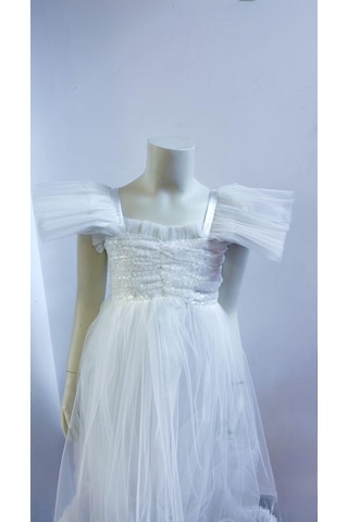 Kız Çocuk Uzun Abiye Elbise-12088-beyaz Beyaz