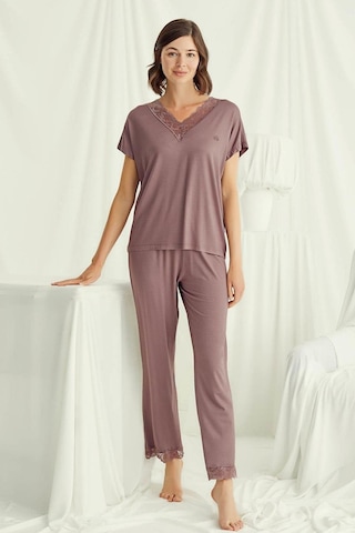 Monamise 18512 Kadın V Yaka Kısa Kollu Pijama Takımı-kahve Kahve