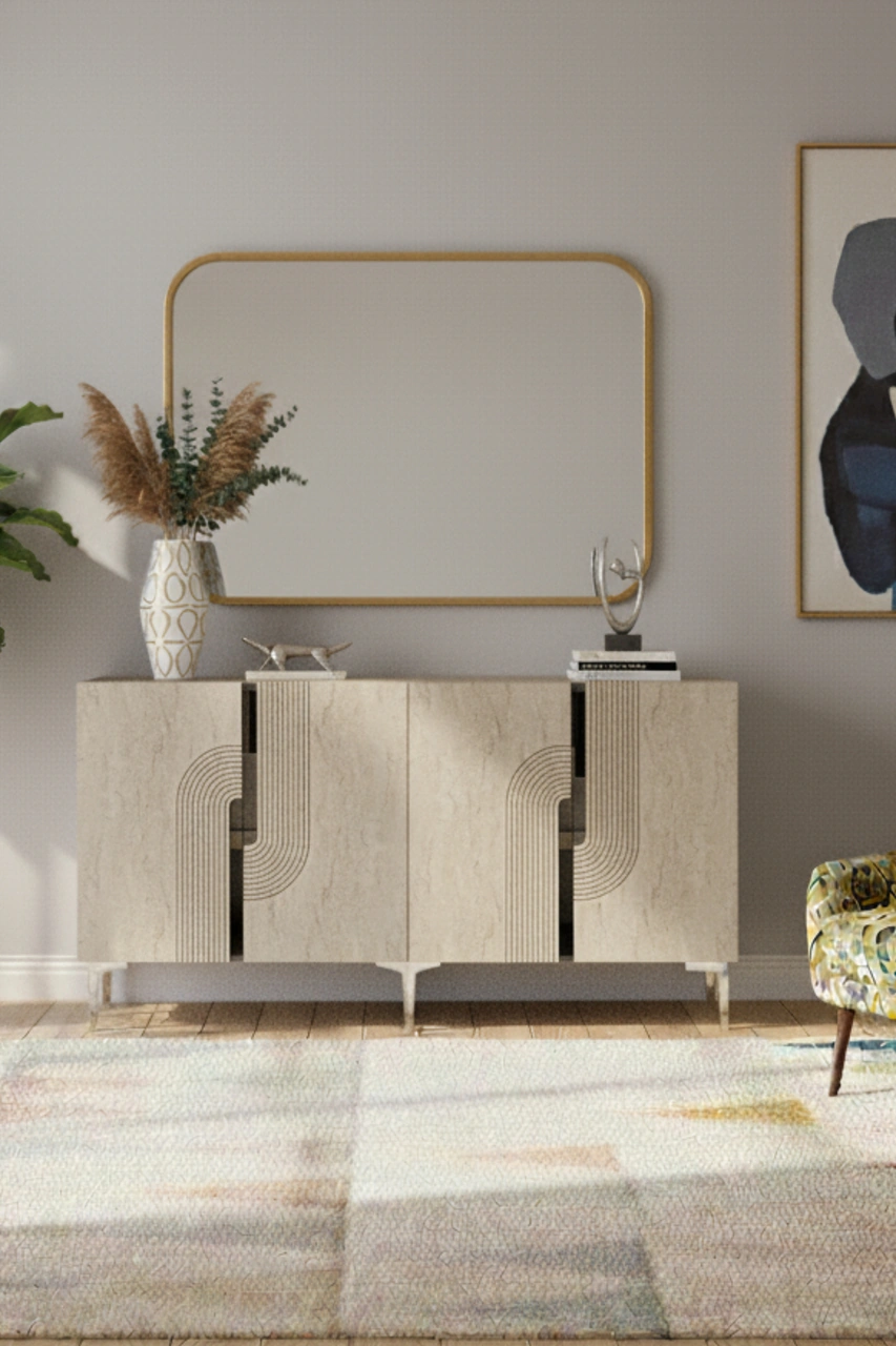 Ka1516bts Meyra Konsol, Kahve Köşesi, Tv Sehpası Beyaz-traverten Kapak-sılver 150cm Beyaz