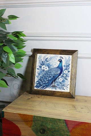 Artavessa Masif Ahşap Çerçeveli Taş Tablo Pano 16 x 16 cm - Tavus Kuşu 1
