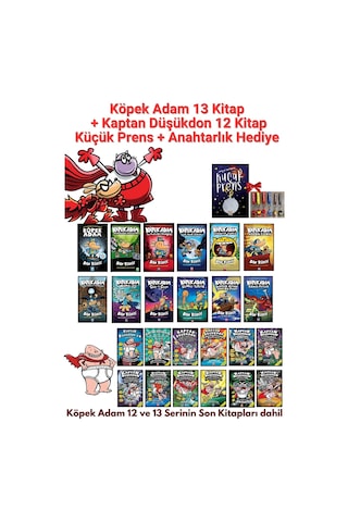 Köpek Adam 13 Kitap + Kaptan Düşükdon 12 Kitap + Küçük Prens - 26 Kitap Set + 1 Ad. Anahtarlık