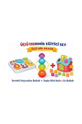 3'lü Bebek Gelişim Seti 2 Toplu Mini Kule + Sevimli Hayvanlar Bultak + Bul Tak