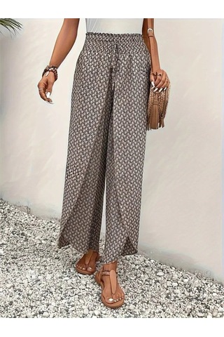 The İstanbul Kadın Yüksek Bel Lastikli Önden Iki Parçalı Desenli Bürümcük Pantolon Bej