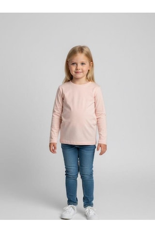 Zekids Kız Çocuk Pamuklu Bisiklet Yaka Uzun Kollu İnce Basic T-shirt-16776 Somon
