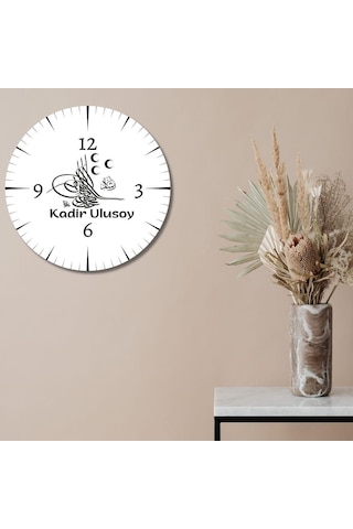 Kişiye Özel Osmanlı Tuğra Tasarımlı Hediye Duvar Saati Cam Duvar Saati Beyaz