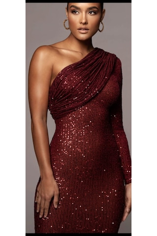 Hanife Glam Couture Hanife Glam Pulpayet Işlemeli Tek Kollu Midi Elbise Bordo