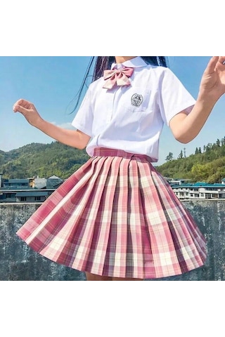 3 Adet Kadın Anime Okul Üniforması Seti Yaz Jk Kısa Gömlek Ceket Etekler Takım Elbise Pembe