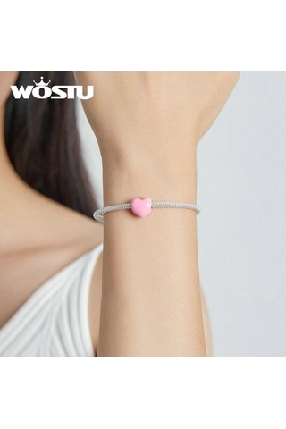 Novahub 925 Ayar Gümüş Kalp Şekli Boncuk Fit Bilezik, Pembe, Kırmızı, Mavi Renkli Emaye, Wostu Tasarım, Kadın Takı Pembe