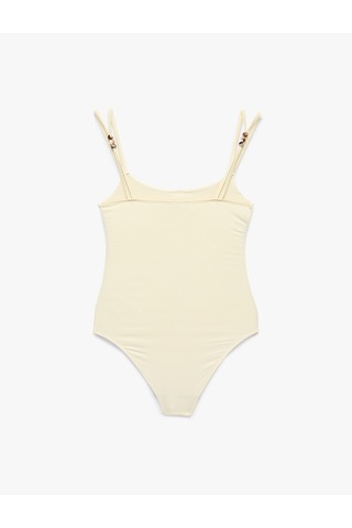 Koton Slim Fit U Yaka Boncuklu Askılı Bodysuit Ekru 6sak10415ek