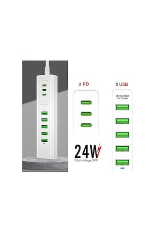 8 Portlu Çoklu Usb Şarj İstasyonu 5 Usb + 3 Type-c Masaüstü Çoklu Şarj Cihazı Çok Renkli