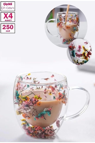 4'lü Çift Cidarlı Çiçekli Bardak Kahve Çay 250ml Bardağı El Yapımı Kulplu Borosilikat Cam Bardağı